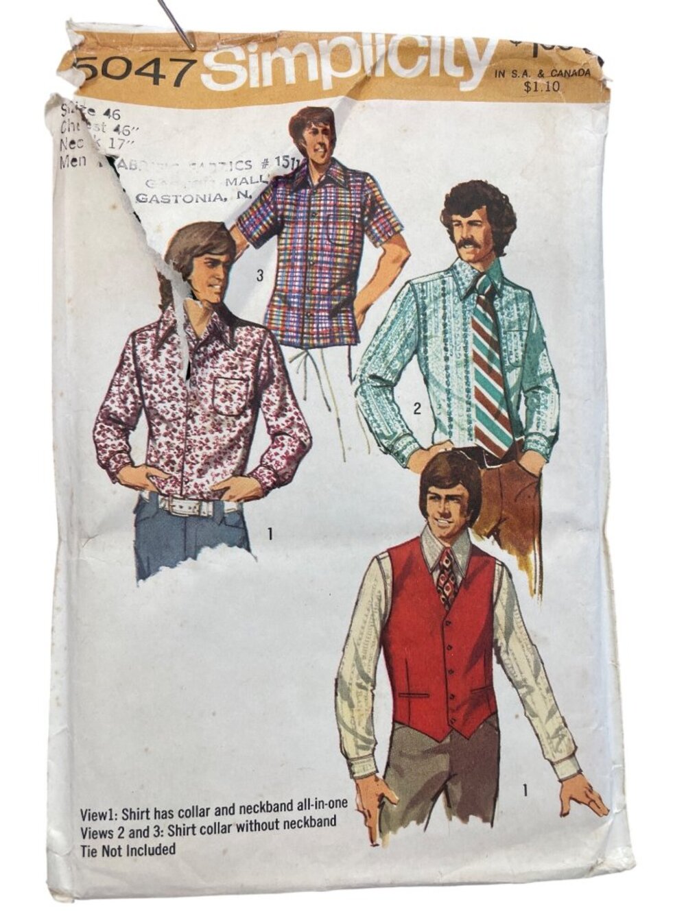 Vintage 70s Simplicity 5047 Sewing Pattern Sizes 46 Mens Vest & Shirts UNCUT